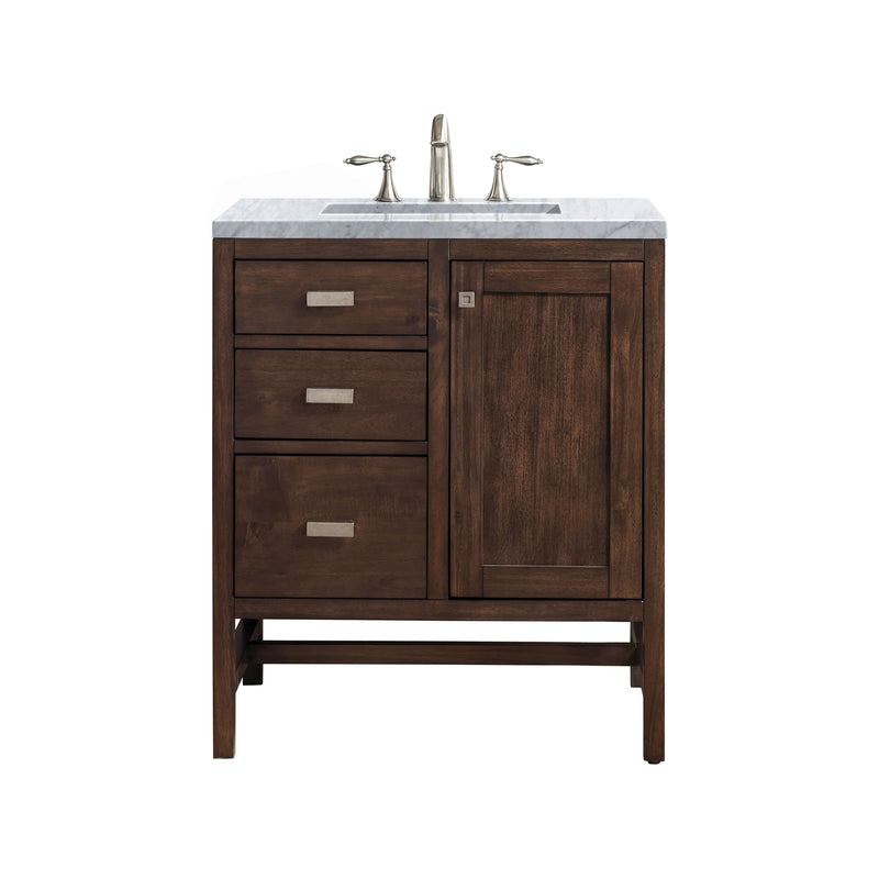 James Martin Addison 30" Single Vanity Cabinet Mid Century Acacia with 3 cm Carrara White Top E444-V30-MCA-3CAR