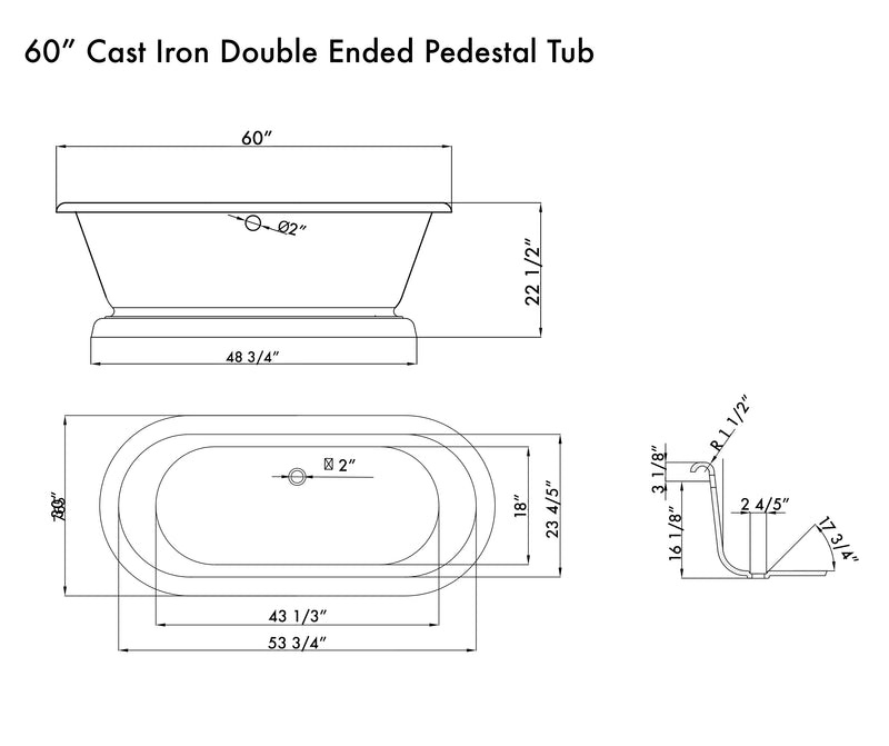 Cambridge Plumbing Cast Iron Double Ended Pedestal Tub 60" x 30" No Faucet Drilling Package