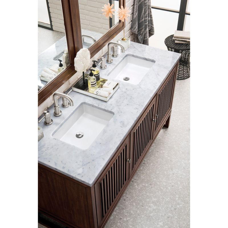 James Martin Athens 60" Double Vanity Cabinet Mid Century Acacia with 3 cm Carrara White Top E645-V60D-MCA-3CAR