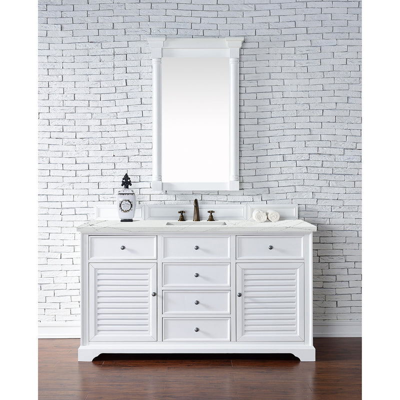 James Martin Savannah 60" Single Vanity Cabinet Bright White with 3 cm Ethereal Noctis Quartz Top 238-104-V60S-BW-3ENC