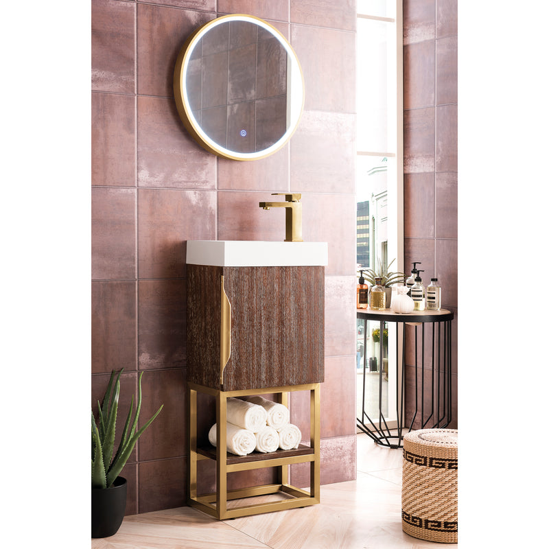 James Martin Columbia 16" Single Vanity Cabinet Coffee Oak Radiant Gold with White Glossy Resin Countertop 388-V16-CFO-RGD-WG