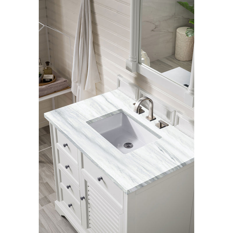 James Martin Savannah 36" Bright White Single Vanity with 3 cm Arctic Fall Solid Surface Top 238-104-V36-BW-3AF