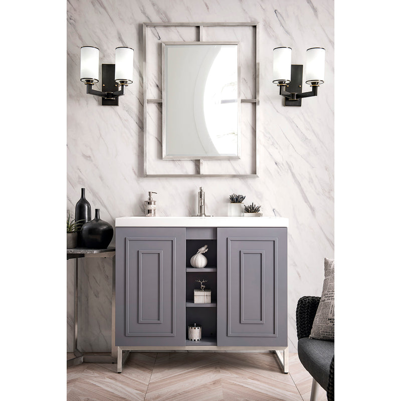 James Martin Alicante' 39.5" Single Vanity Cabinet Gray Smoke Brushed Nickel with White Glossy Composite Countertop E110V39.5GSMBNKWG