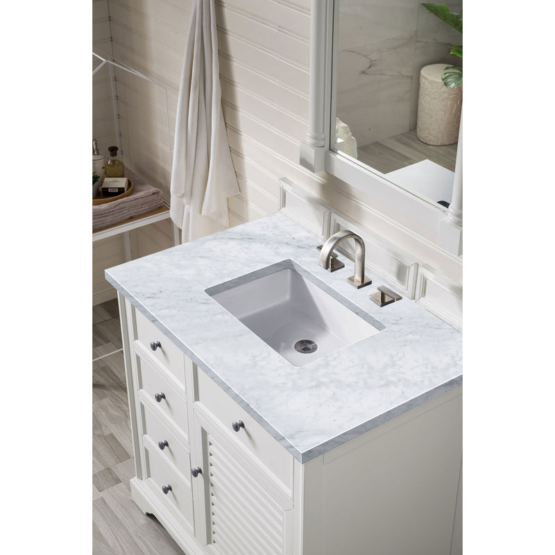 James Martin Savannah 36" Bright White Single Vanity with 3 cm Carrara Marble Top 238-104-V36-BW-3CAR