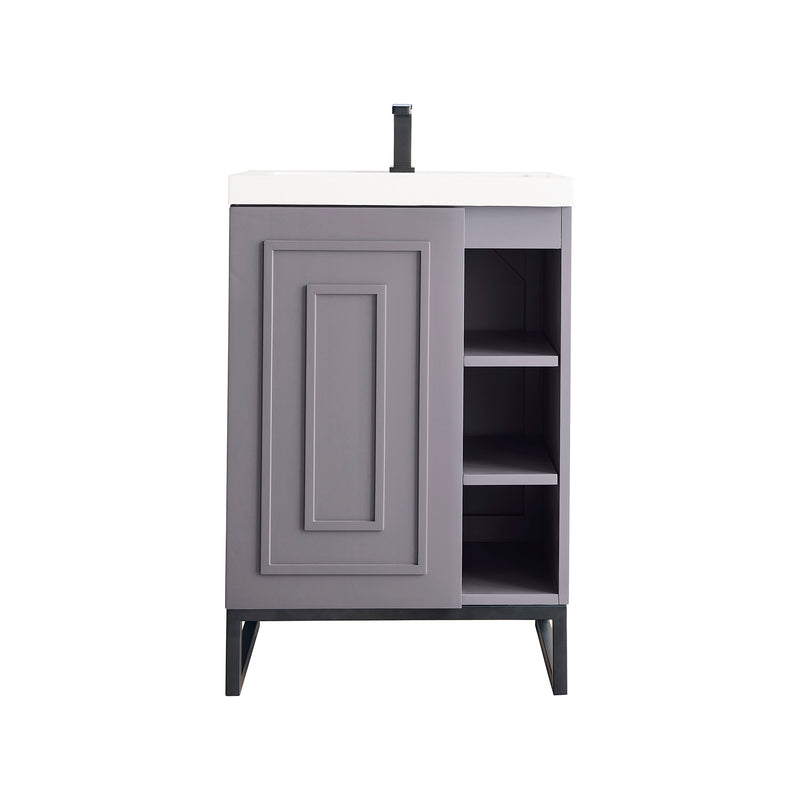 James Martin Alicante' 24" Single Vanity Cabinet Grey Smoke Matte Black with White Glossy Composite Countertop E110V24GSMMBKWG