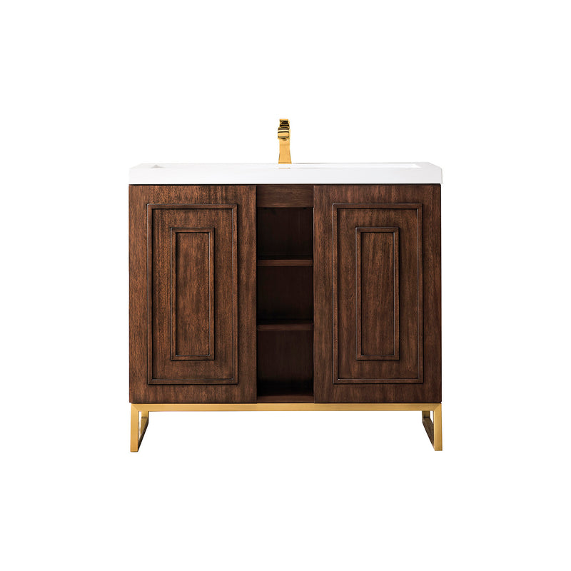 James Martin Alicante' 39.5" Single Vanity Cabinet Mid Century Acacia Radiant Gold with White Glossy Composite Countertop E110V39.5MCARGDWG