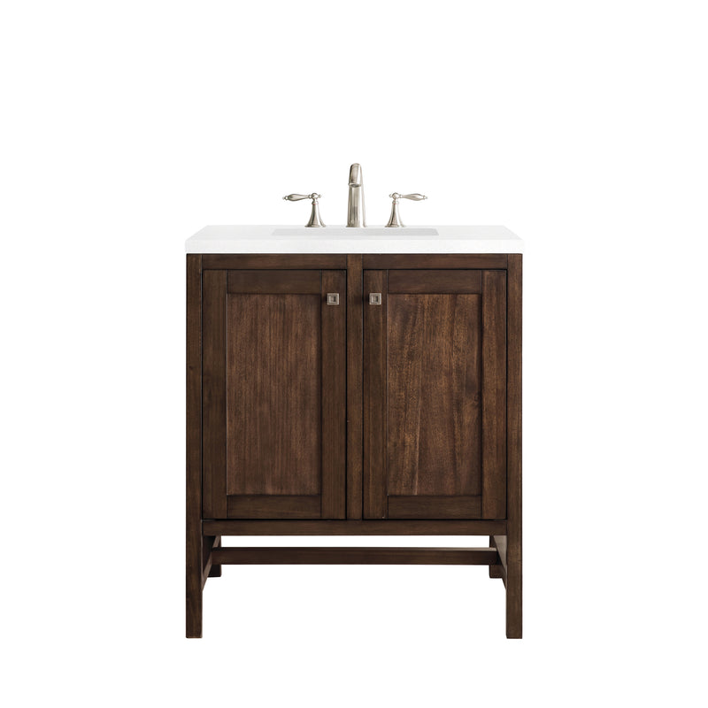 James Martin Addison 30" Single Vanity Cabinet with Doors Mid Century Acacia with 3 cm Classic White Quartz Top E445-V30-MCA-3CLW