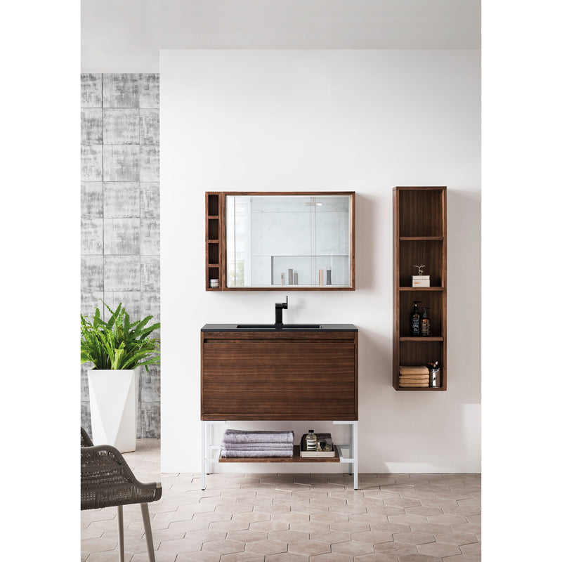 James Martin Milan 35.4" Single Vanity Cabinet Mid Century Walnut Glossy White with Charcoal Black Composite Top 801V35.4WLTGWCHB