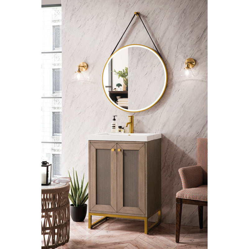 James Martin Chianti 20" Single Vanity Cabinet Whitewashed Walnut Radiant Gold with White Glossy Resin Countertop E303-V20-WW-RGD-WG