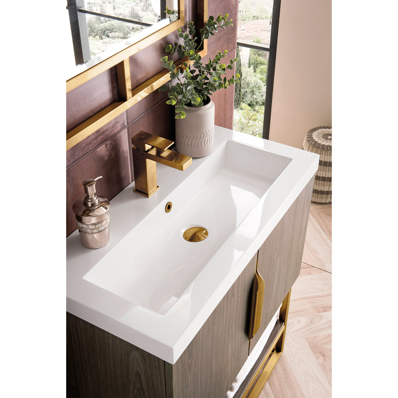 James Martin Columbia 31.5" Single Vanity Cabinet Ash Gray Radiant Gold with White Glossy Resin Countertop 388-V31.5-AGR-RGD-WG