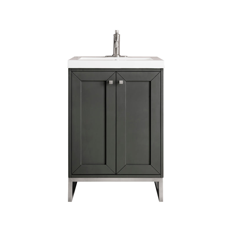 James Martin Chianti 24" Single Vanity Cabinet Mineral Grey Brushed Nickel with White Glossy Resin Countertop E303-V24-MG-BNK-WG