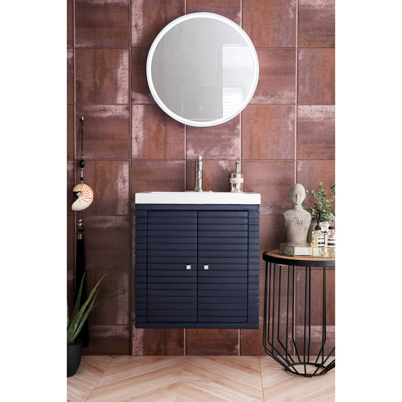 James Martin Linden 24" Single Vanity Cabinet Navy Blue with White Glossy Resin Countertop E213-V24-NVB-WG