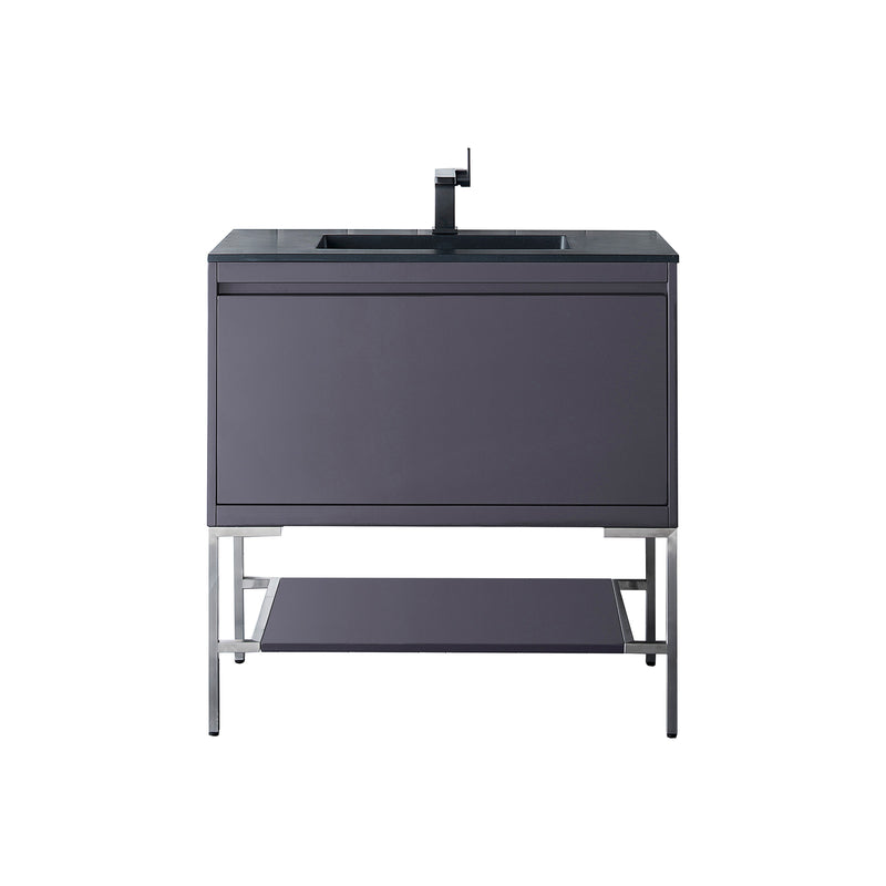 James Martin Milan 35.4" Single Vanity Cabinet Modern Grey Glossy Brushed Nickel with Charcoal Black Composite Top 801V35.4MGGBNKCHB