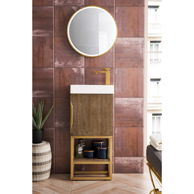 James Martin Columbia 16" Single Vanity Cabinet Latte Oak Radiant Gold with White Glossy Resin Countertop 388-V16-LTO-RGD-WG