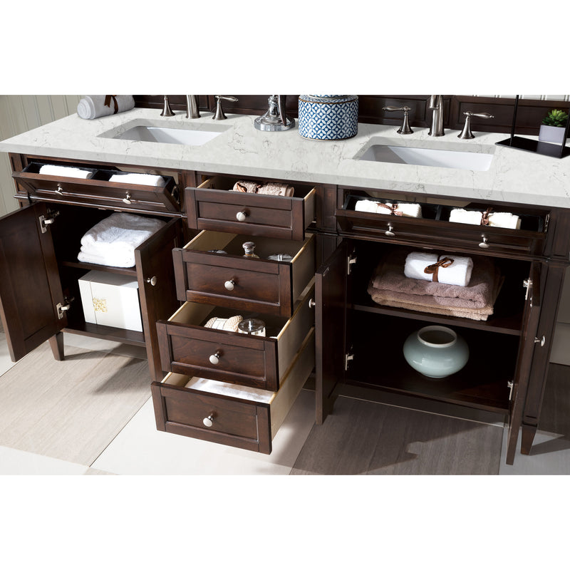 James Martin Brittany 72" Burnished Mahogany Double Vanity with 3 cm Eternal Jasmine Pearl Quartz Top 650-V72-BNM-3EJP