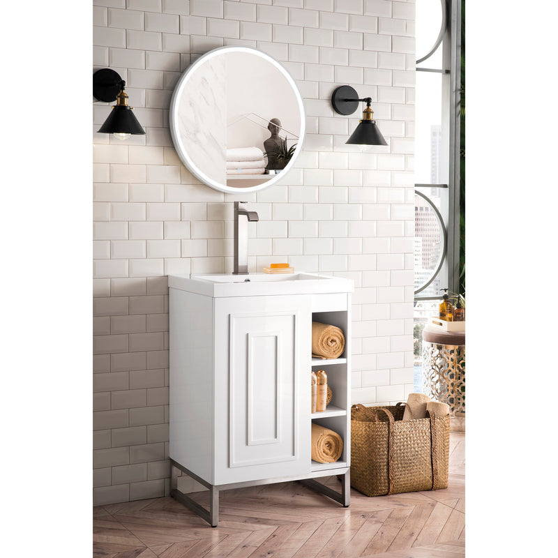 James Martin Alicante' 24" Single Vanity Cabinet Glossy White Brushed Nickel with White Glossy Resin Countertop E110-V24-GW-BNK-WG