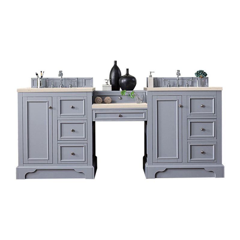 James Martin De Soto 82" Double Vanity Set Silver Gray with Makeup Table 3 cm Eternal Marfil Quartz Top 825-V82-SL-DU-EMR