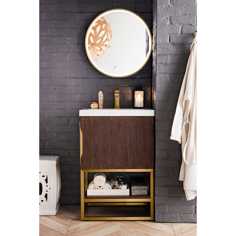 James Martin Columbia 24" Single Vanity Cabinet Coffee Oak Radiant Gold with White Glossy Composite Countertop 388V24CFORGDWG