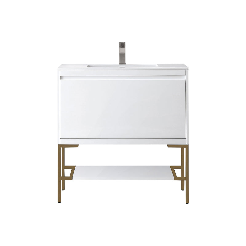 James Martin Milan 35.4" Single Vanity Cabinet Glossy White Radiant Gold with Glossy White Composite Top 801V35.4GWRGDGW