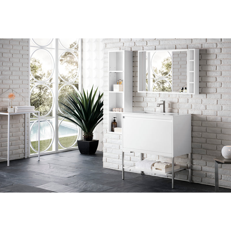 James Martin Milan 31.5" Single Vanity Cabinet Glossy White Brushed Nickel with Glossy White Composite Top 801V31.5GWBNKGW