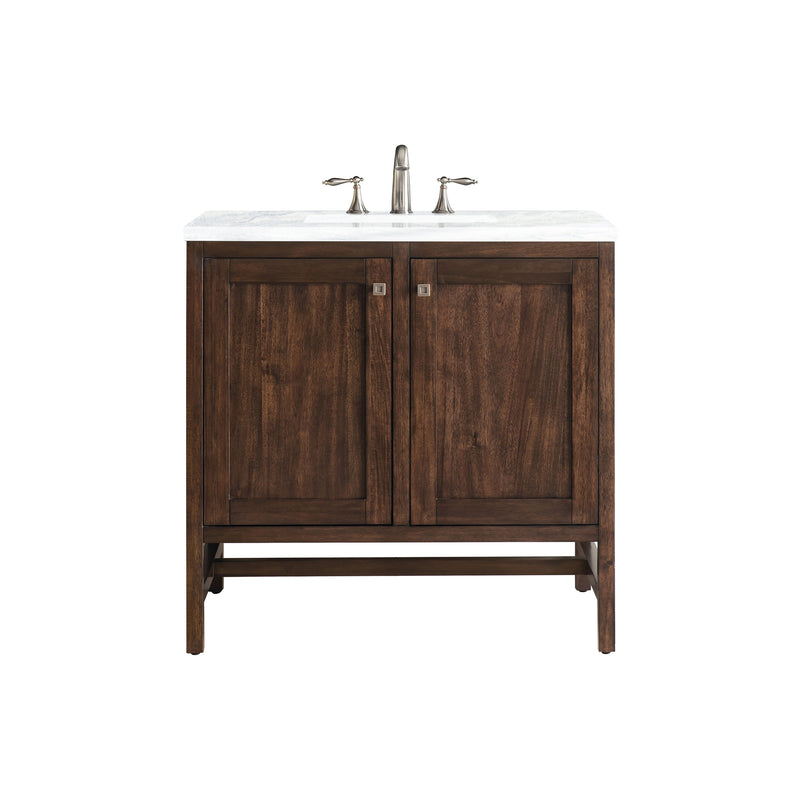 James Martin Addison 36" Single Vanity Cabinet with Doors Mid Century Acacia with 3 cm Arctic Fall Solid Surface Countertop E445-V36-MCA-3AF